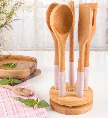 ست کفگیر ملاقه چوبی دسته سیلیکونی